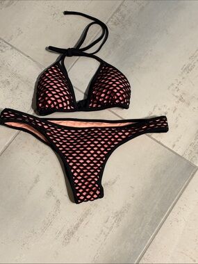 Victoria's Secret Black Fishnet Bikini with Coral Lining Size Small